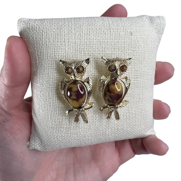 Vintage Owl Gold Tone Faux Tortoise Shell Cabochon Scatter Pins Brooch - Picture 4 of 9